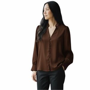 Ann Taylor Chocolate Brown Button-Front V-Neck Blouse